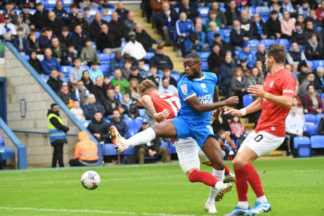 Posh winger David Ajiboye couldn't quite reach this cross in the game against Wycombe. Photo: David Lowndes.