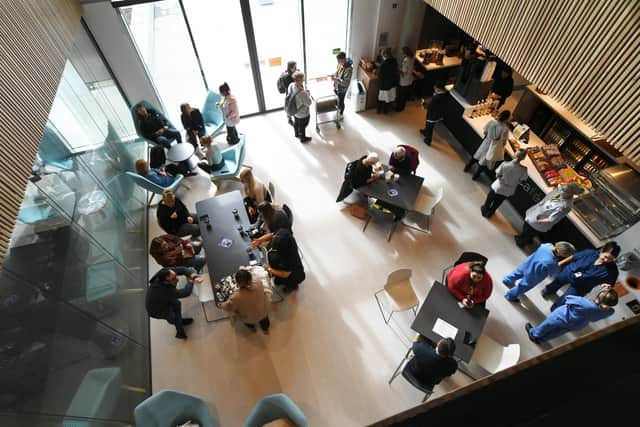 Students in the coffee bar at ARU Peterborough.