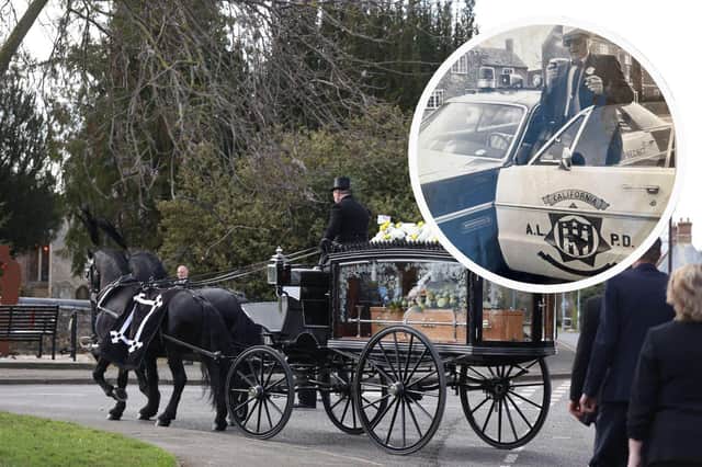 A funeral service was held today for larger than life Stilton legend Ifor Williams (pictured inset with his American police car he liked to drive around Cambridgeshire in).