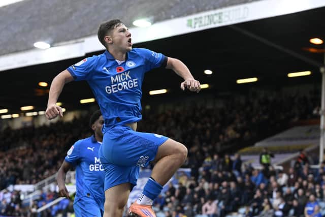 Harry Leonard celebrates a goal for Posh v Wimbledon. Photo David Lowndes.
