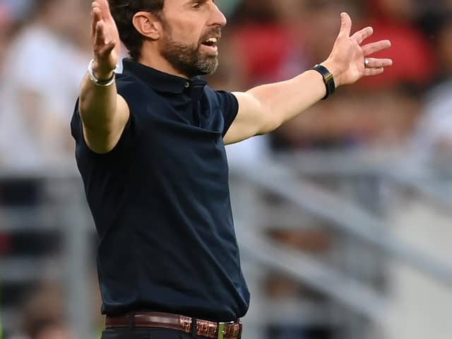 BUDAPEST, HUNGARY - JUNE 04: Gareth Southgate, Manager of England reacts during the UEFA Nations League League A Group 3 match between Hungary and England at Puskas Arena on June 04, 2022 in Budapest, Hungary. (Photo by Michael Regan/Getty Images).