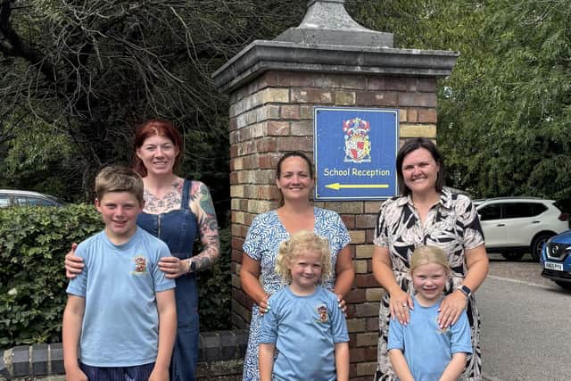 Danielle, Megan and Rachel with children Zack, Charlotte and Matilda after a hot day at school