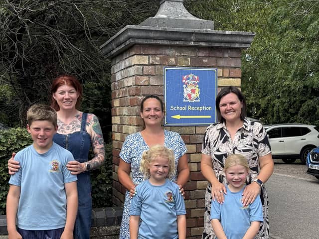 Danielle, Megan and Rachel with children Zack, Charlotte and Matilda after a hot day at school