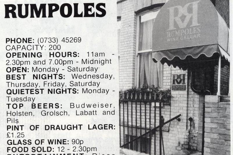 Offering a Wednesday disco and 'background music', Rumpoles was a favourite 1980s  watering hole.