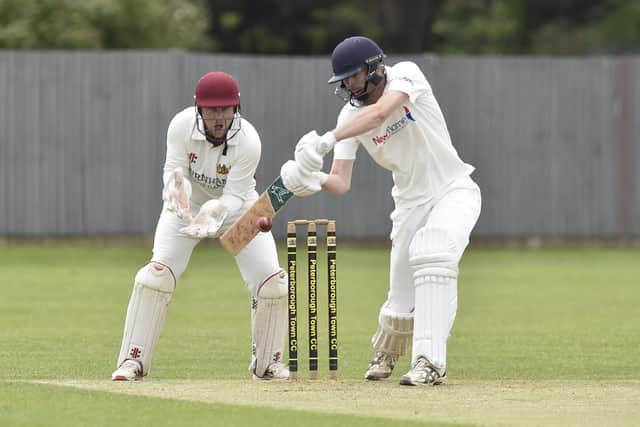 Josh Smith on his way to 34 for Peterborough Town against Fakenham in the ECB Club Championship. Photo David Lowndes.