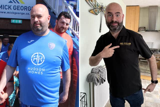 Mark pictured before and after his weigh loss.