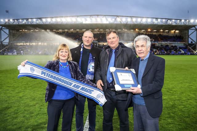 Trevor Slack (third left) and son Steven Slack (second left) with Peter and Sandee Lane at the former's induction into the Posh Hall of Fame. Photo Joe Dent/theposh.com.