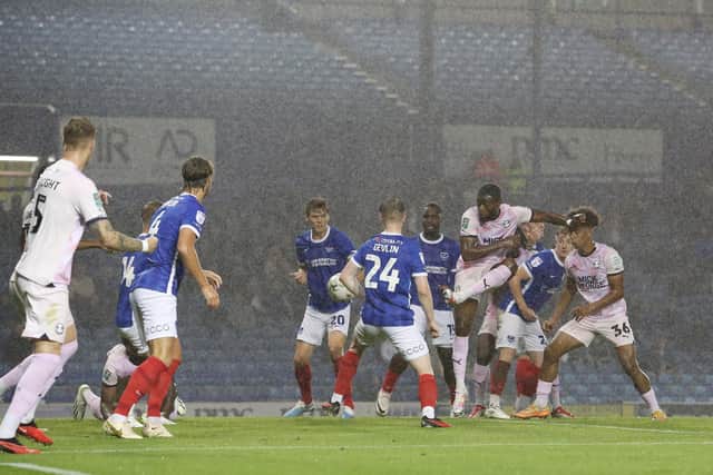 David Ajiboye of Peterborough United scores for Posh at Portsmouth. Photo: Joe Dent/theposh.com.
