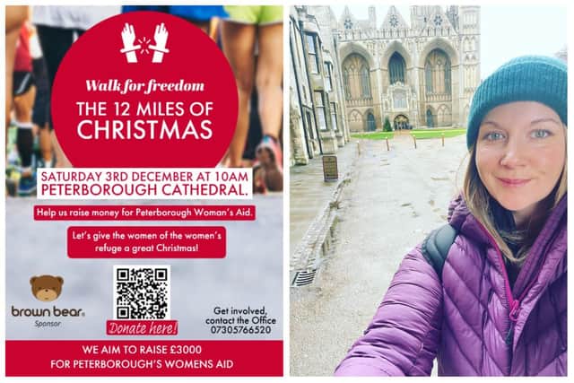 Zoe Harris, pictured outside Peterborough Cathedral, planned the 12-mile route for the '12 Miles of Christmas' fundraising walk for Women's Aid.