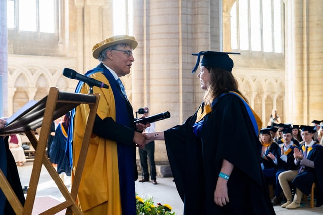 A student receives her degree at University Centre Peterborough's Graduation Day 2023