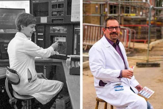 Martin Drury at the old Peterborough District Hospital in 1984 - and at the site of the former hospital in 2021