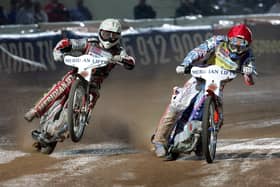 Jason Crump (left) and Hans Andersen in racing action. Photo: Mike Patrick.