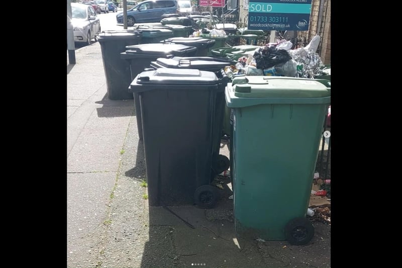 Bins and rubbish left out on the pavement.