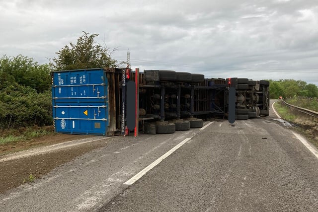 The driver of this overturned lorry on the A1, near Wansford, sustained minor injuries after the road was temporarily closed for 5 hours on Monday(23 May). The road was closed in both directions between the Wansford turning and the junction at Norman Cross to the south of Peterborough.