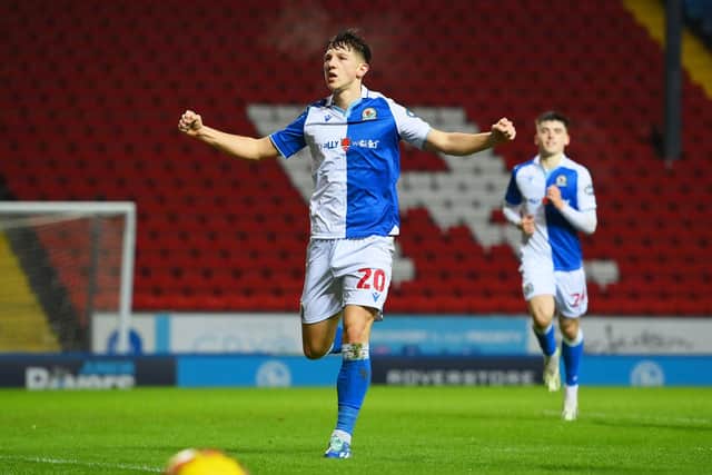 Harry Leonard celebrating an FA Cup goal for Blackburn Rovers against Cambridge United. (Photo by Gary Oakley/Getty Images).