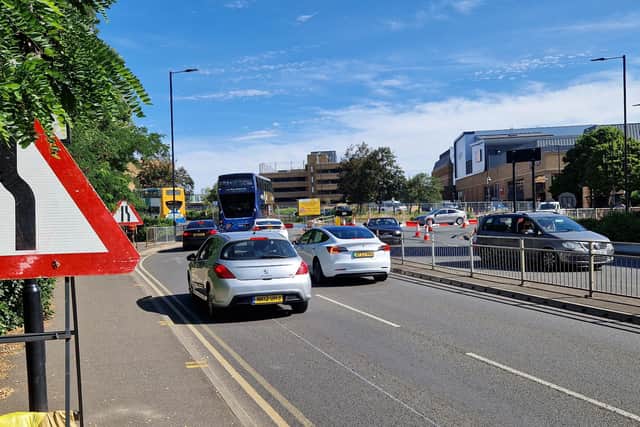 Traffic at the Bourges Boulevard exit on to the Queensgate roundabout