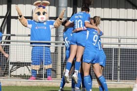 Posh Women celebrate a goal against Huddersfield. Photo Darren Wiles.
