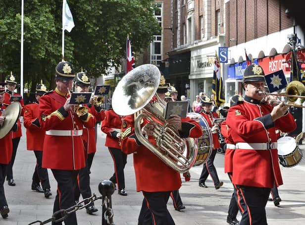 Third Battalion Royal Anglian Regiment band leading the Armed Forces Day parade in the city centre