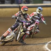 Michael Palm Toft leads Panthers teammate Scott Nicholls in the meeting against Belle Vue at the Showground. Photo: David Lowndes.