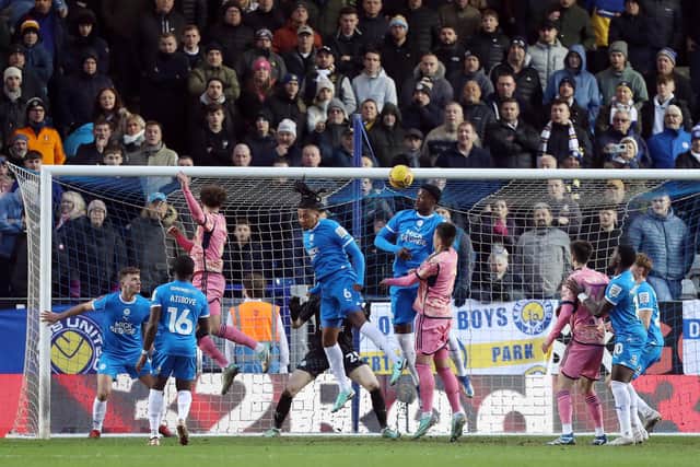 Ethan Ampadu of Leeds United heads in the third goal of the game against Peterborough United. Photo: Joe Dent/theposh.com