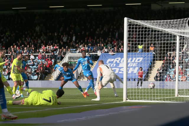 James Dornelly opens the scoring for Posh against Rotherham. Photo Joe Dent/theposh.com