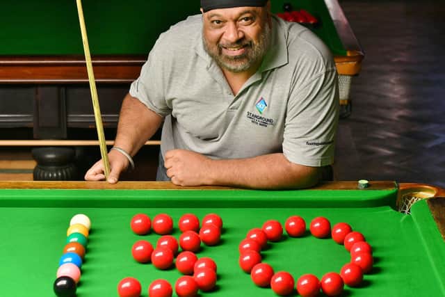 Steve Singh made a complete clearance of 130 at the Conservative Club while practicing for the World Pool Championships. Photo David Lowndes.