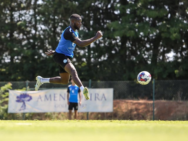 David Ajiboye in mid-flight during a finishing drill.