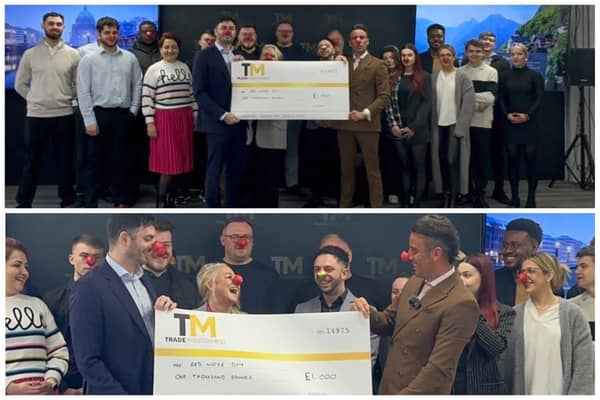 Entrepreneur Joseph Valente, right, with his team members and a cheque for Red Nose Day