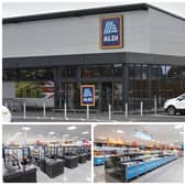 Th exterior of the new Aldi store in Whittlesey, which opens on June 29, and the typical interiors of Aldi's stores.