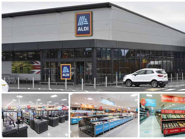 Th exterior of the new Aldi store in Whittlesey, which opens on June 29, and the typical interiors of Aldi's stores.