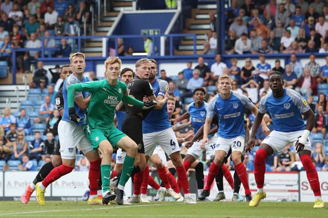 Posh goalkeeper Lucas Bergstrom came up for a corner late in the game at Portsmouth. Photo: Joe Dent/theposh.com