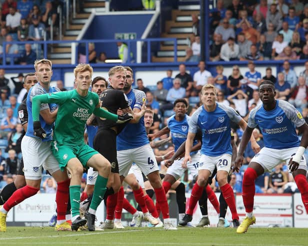 Posh goalkeeper Lucas Bergstrom came up for a corner late in the game at Portsmouth. Photo: Joe Dent/theposh.com