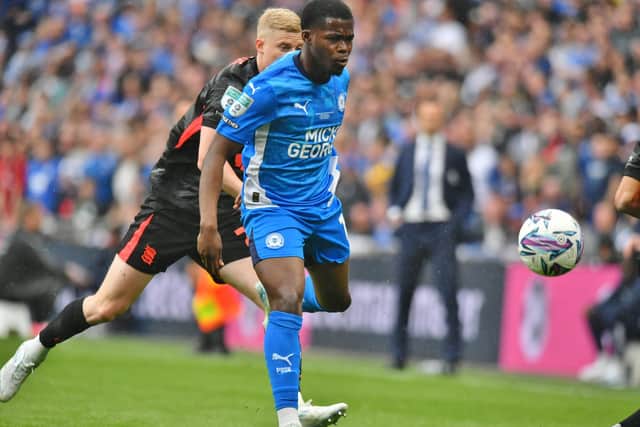 Kwame Poku in action for Posh at Wembley in April. Photo David Lowndes.