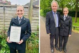 PC Hannah Wheatley with her award, and left: pictured with Brian Kinealy.
