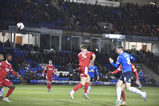 Jack Taylor heads over for Peterborough United against Shrewsbury. Photo: David Lowndes.