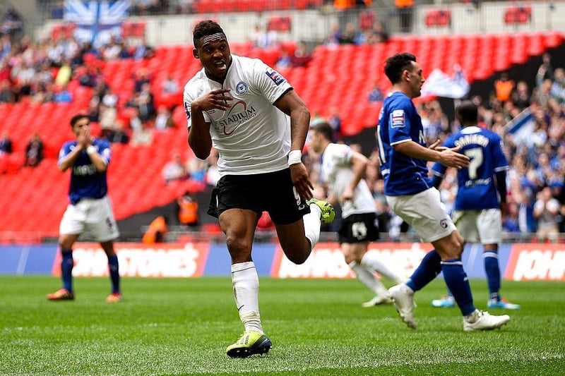 Britt Assombalonga scores Peterborough's third goal in the Wembley win over Chesterfield on March 30, 2014.
