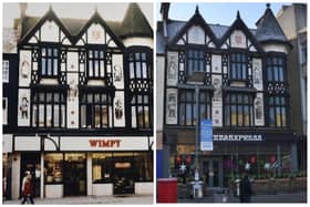 The same building in Cathedral Square, Peterborough, 50 years apart - a Wimpy around 1970 and now a Pizza Express.