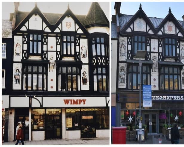 The same building in Cathedral Square, Peterborough, 50 years apart - a Wimpy around 1970 and now a Pizza Express.
