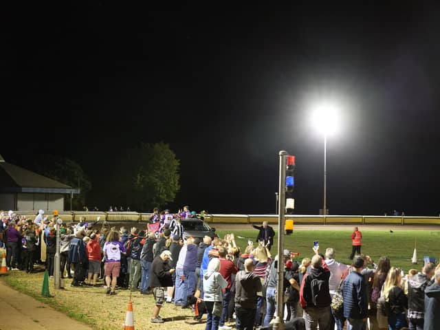 The Panthers fans salute their team after the last league meeting in speedway history at the East of England Arena...probably. Photo: Jeff Davies