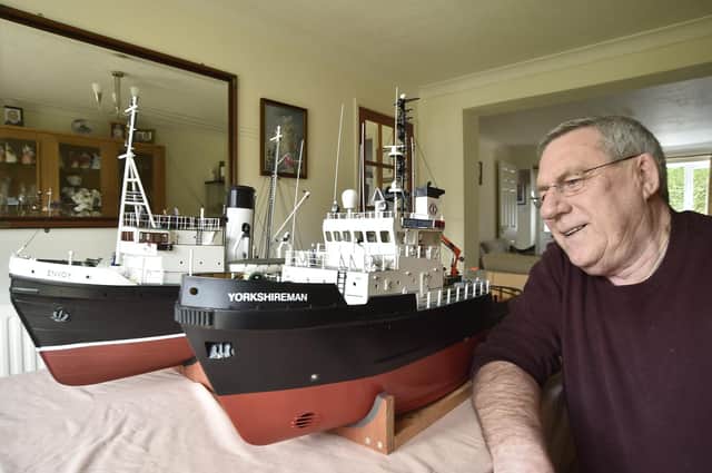 John Gardner with his models of the Yorkshireman and Envoy tugs.