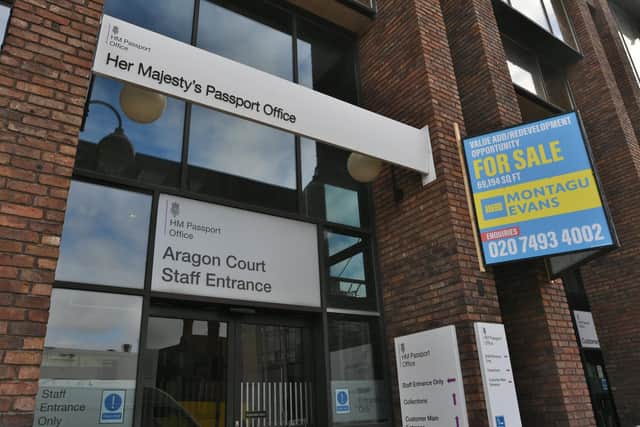 The 'For Sale' sign has gone up at Peterborough Passport Office at Aragon Court, Northminster, Peterborough.