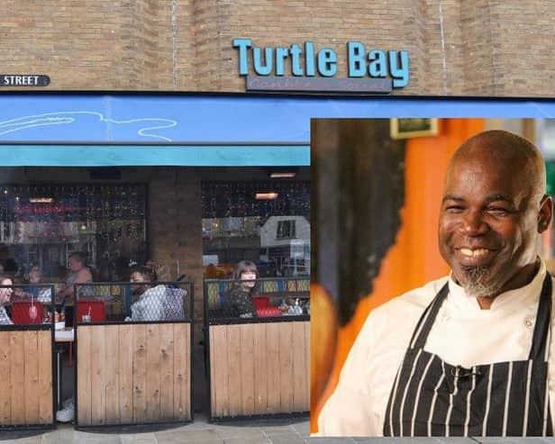 Peterborough's Turtle Bay restaurant in Exchange Street and (inset) chef Collin Brown.