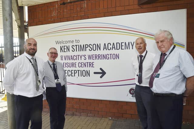  Damien Whales, Headteacher of Ken Stimpson Academy with Trevor French (Chair of Governors), Mike Sandeman (CEO of Four Cs MAT) and Gilmour McLaren (Chair of Trustees) at the re-naming of the school.