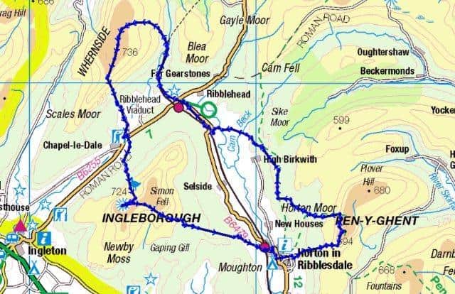 Yorkshire 3 Peaks route map