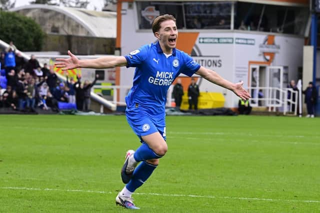 Pat Sykut celebrates his debut goal for Posh. Photo David Lowndes.