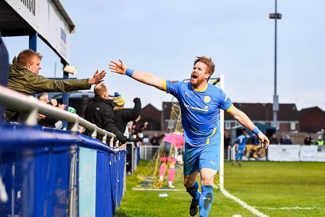 Michael Gash celebrates a goal for Peterborough Sports. Photo: James Richardson.