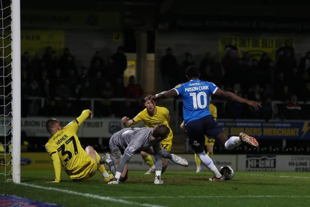 Ephron Mason-Clark scores for Posh at Burton Albion last season. Photo Joe Dent/theposh.com.