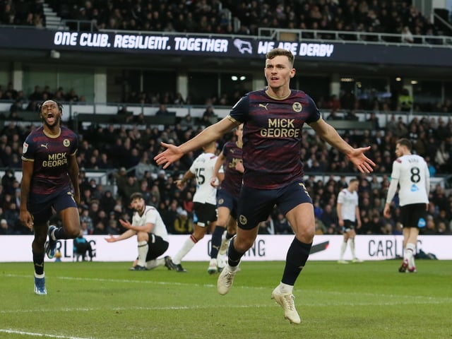 The 2023-24 season saw Harrison at his best. Here he celebrates his goal in a brilliant 3-2 win at Derby County on New Year's Day.
