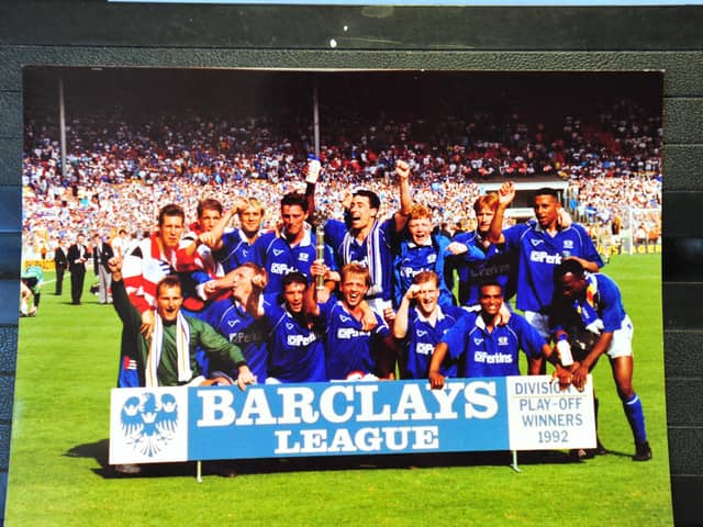 Posh players celebrate their Wembley triumph in 1992.