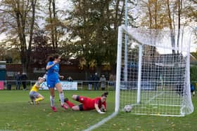 Tara Kirk scores for Posh against Boldmere St Michaels. Photo: Ruby Red Photography